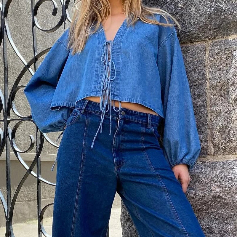 00s Retro Tie-up Front Denim Crop Tops Cottage Long Sleeve V Neck Shirts Spring Fall Blouses Tees Y2k Aesthetic T-shirt