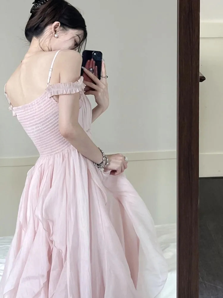 Summer Sweet Pink Fairy Chiffon Midi Dress Korean Onepiece Aline Vestidos Female Clothing Mujers