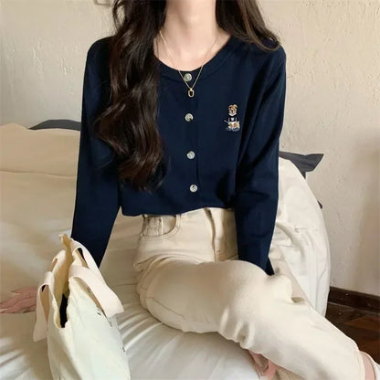 Spring Autumn ’s Knitted Cardigan Korean Single Breasted Long Sleeve Jumper Woman Round Neck Cardigans Outwear