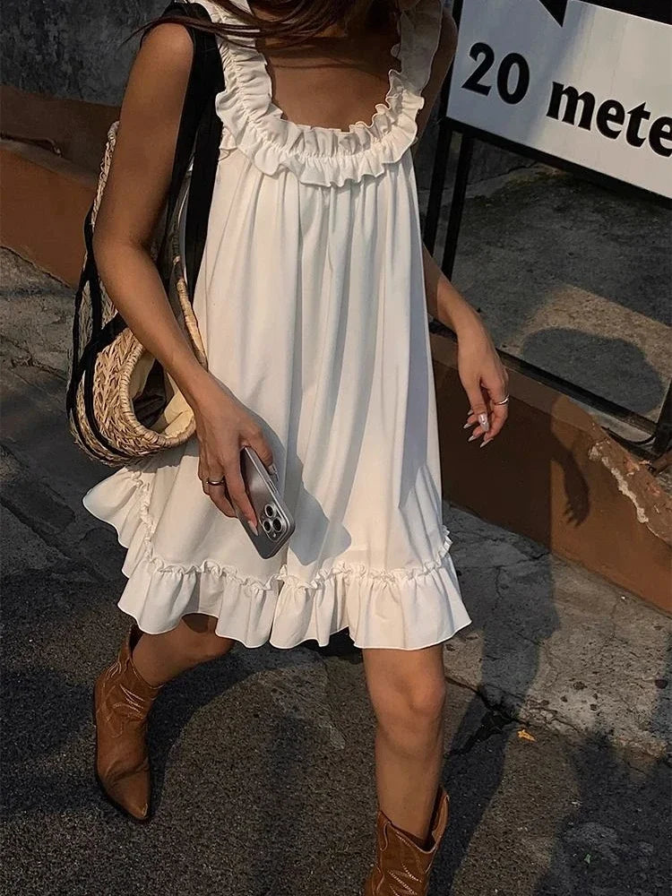 Sleeveless Ruffles Mini Dress White Beach Sundress Girl Home Dresses Loose Summer Dress Oversized