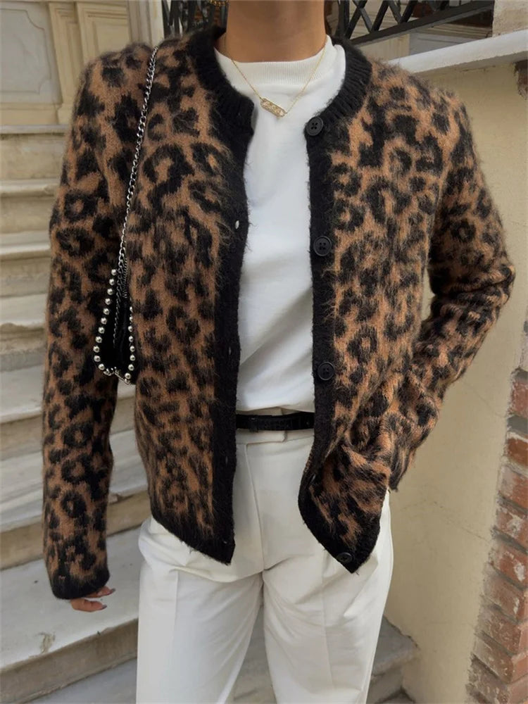 Female Leopard Cardigan Sweater Printed Contrast Loose Long Sleeve Commute Cropped Coat ’s Autumn Cardigan