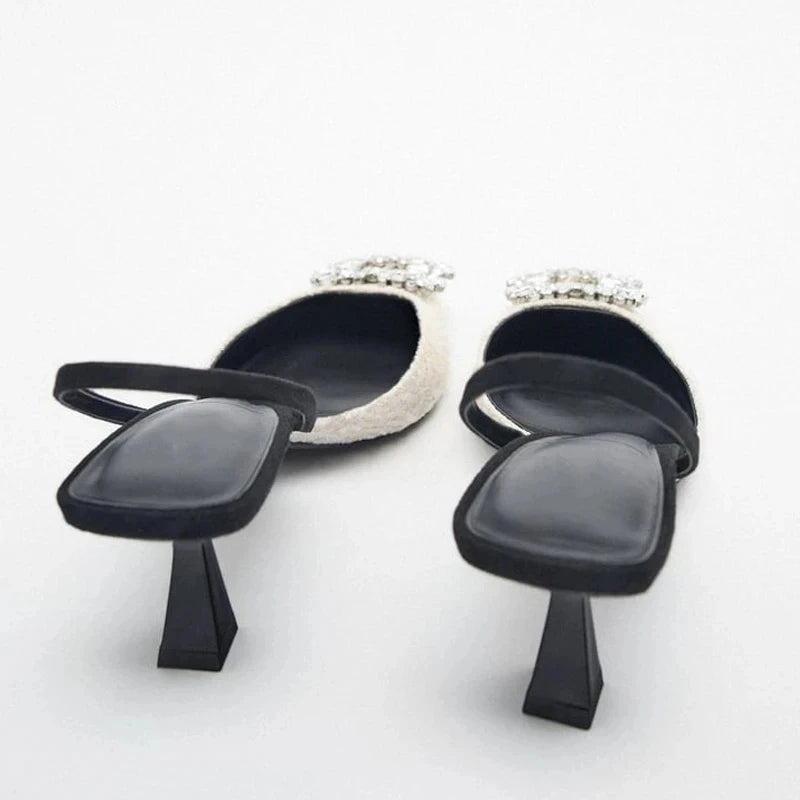 Square Rhinestone Mid Heels Pumps for Woman White Tassel Texture Black Sole Slingbacks Shoes Point Head Spike Heel Sandals
