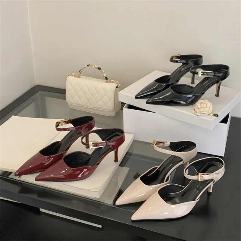 Patent Leather Pointed Toe Buckle Strap Slippers Thin Heels Wedding Dress Mule Shoes