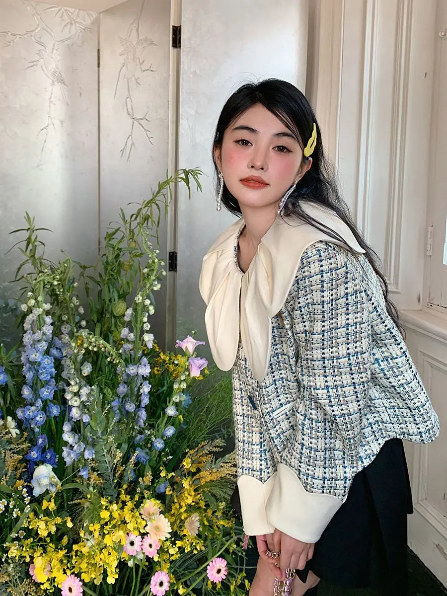 Spring New Petal Ruffled Collar Spliced Loose Tweed Coat Clothing Winter Coat High End Sweet Short Jackets Tops