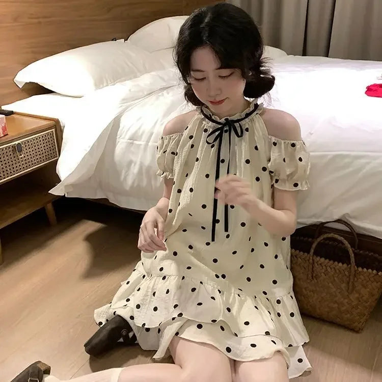 Sweet and Girl's Polka Dot Off Shoulder Princess Doll Dress Summer New Bubble Sleeve Loose Aline Midi Dress for