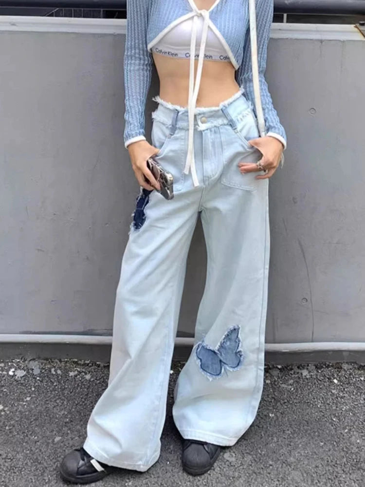 Blue Jeans Y2k Loose Butterfly Patchwork Causal High Waist Denim Pants Retro Bottoms