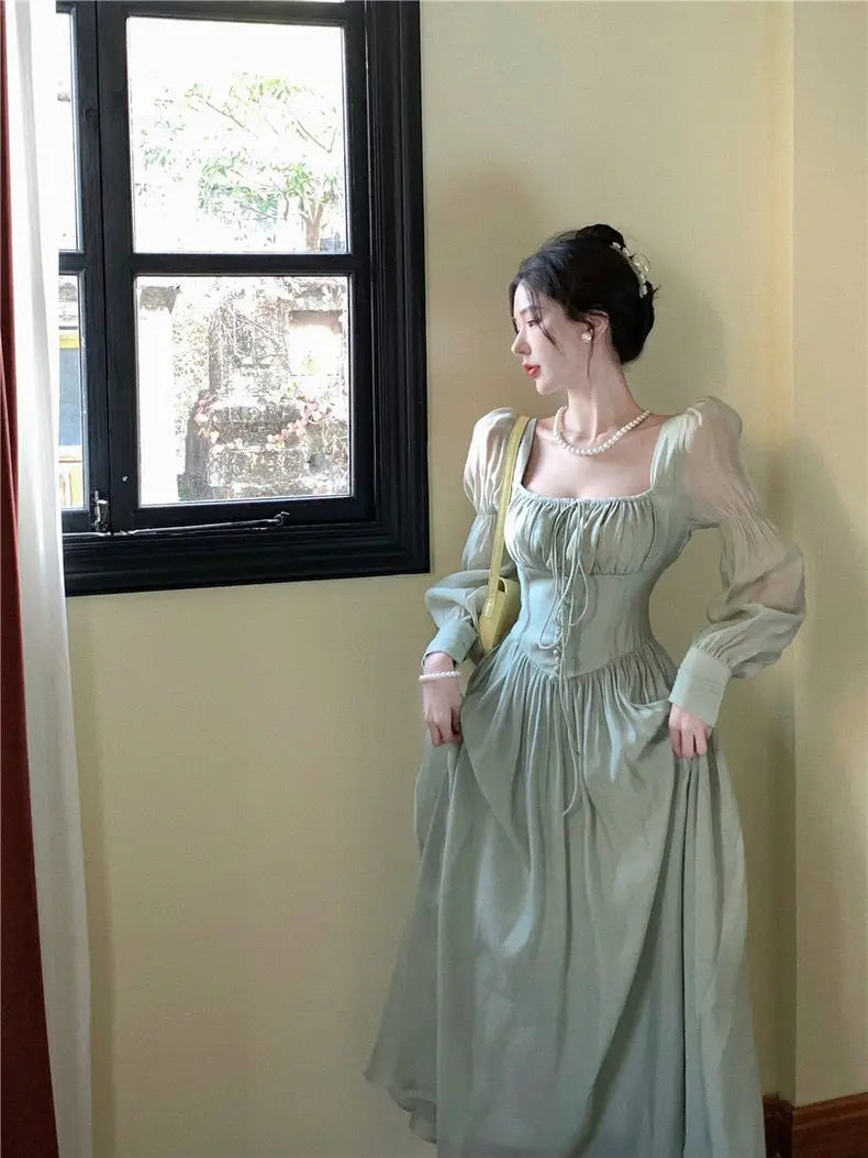 French Lantern Sleeve Lace Up Midi Dress Spring and Summer Square Neck Evening Party Prom Robe Dress