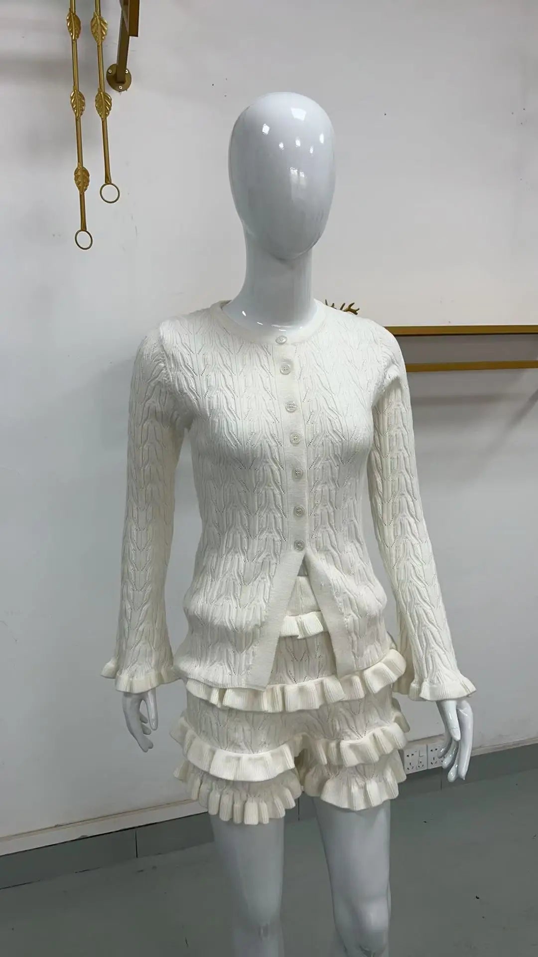 White Ruffles Knit Short Two Piece Sets Spring Summer Long Sleeve Cardigan Short Sets Y2k Holidays Matching Sets