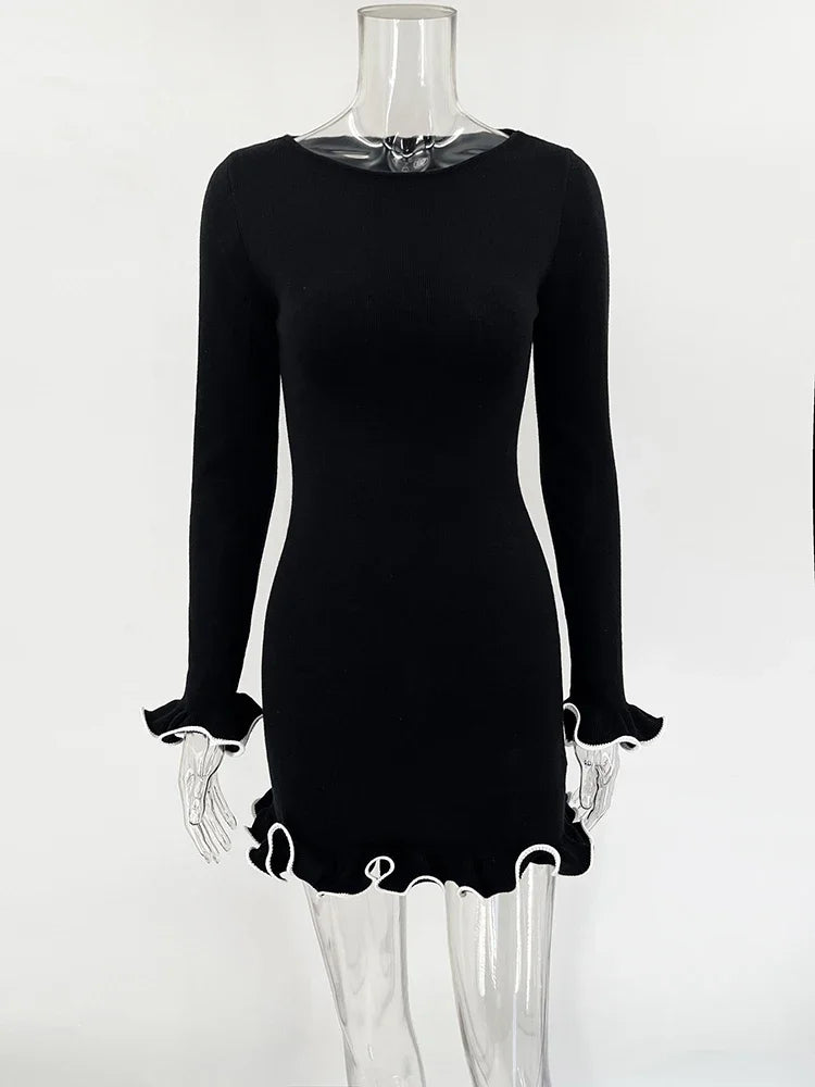 Autumn New Knitted Mini Dress for Fungus Contrast Color Slim Sweater Dress Female Party Clothes Long Sleeve