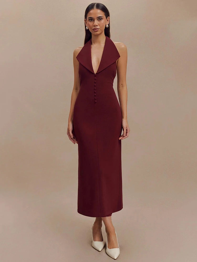 Halter Deep V Neck Sleeveless Maxi Dress for Backless Bodycon Tank Dress Femme Long Dress