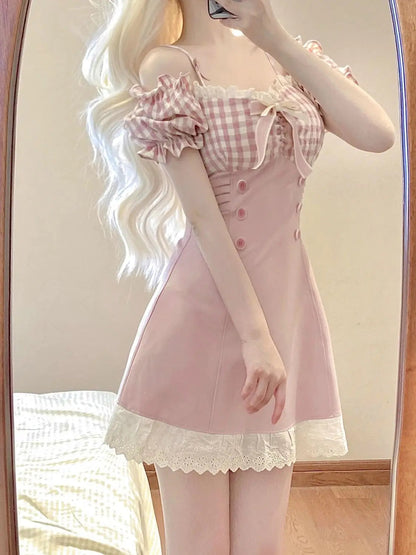 Princess Dress Pink Plaid Bow Onepiece Collar Lace Ruffle Party Mini Dresses Female Japanese Style Sweet Slim Dress