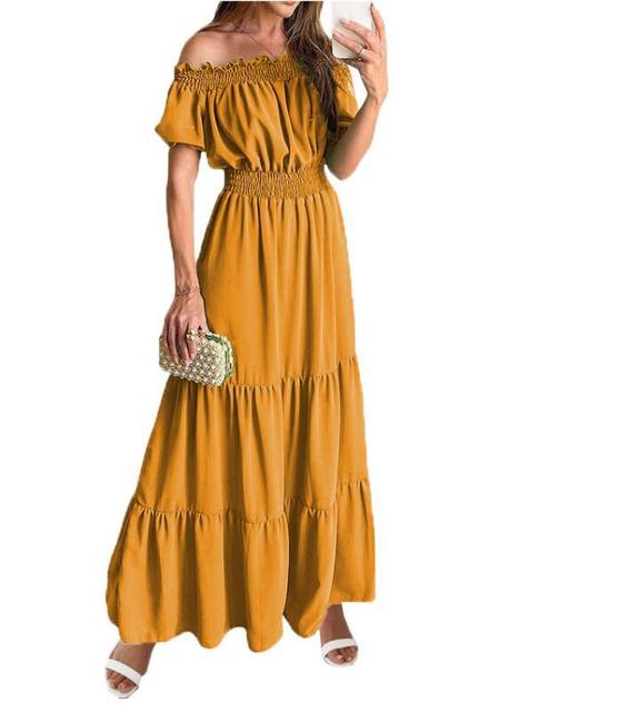 Summer Vestidos Red Short Sleeve Club Party Evening Long Dress Slim Color Robe Ruffles Elastic Waist Slash Neck