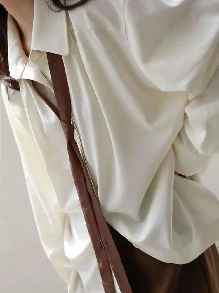 Autumn Minimalist Long Sleeve Button Up Shirt Korean Style Tie Oversize Shirts Blouse Loose Clothes Autumn Tops