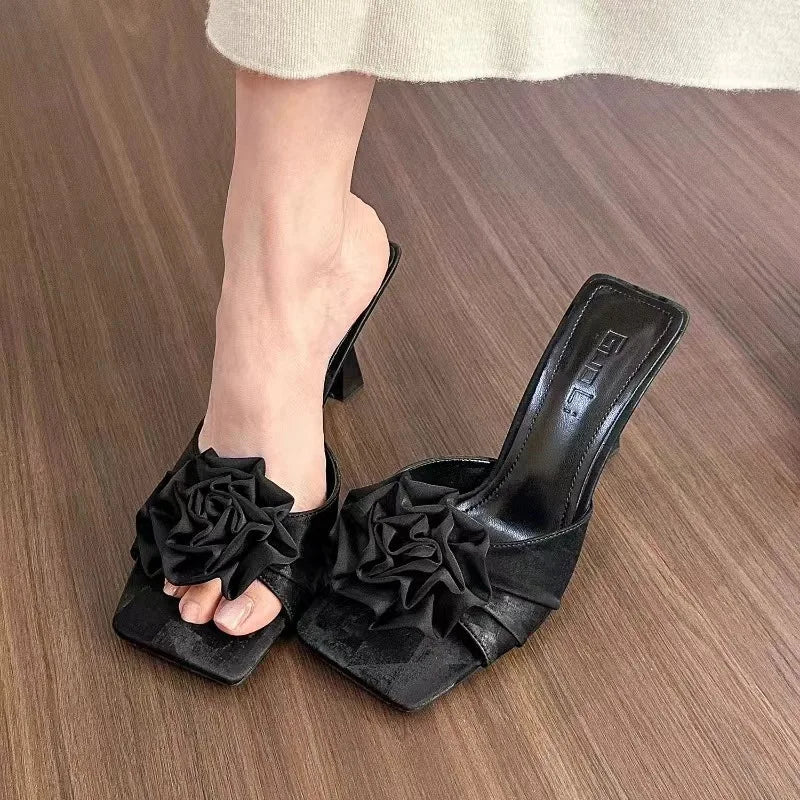 Shoes Woman Low Loafers Female Slippers Mules Cover Toe Slides Flower New Designer Pointed Fabric Rubbe