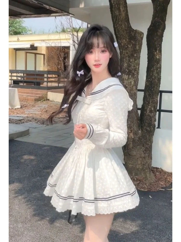 Mini Dresses Sweet Sailor Collar Long Sleeve Slim Ins Lace Bow Party Dress Preppy Style Female