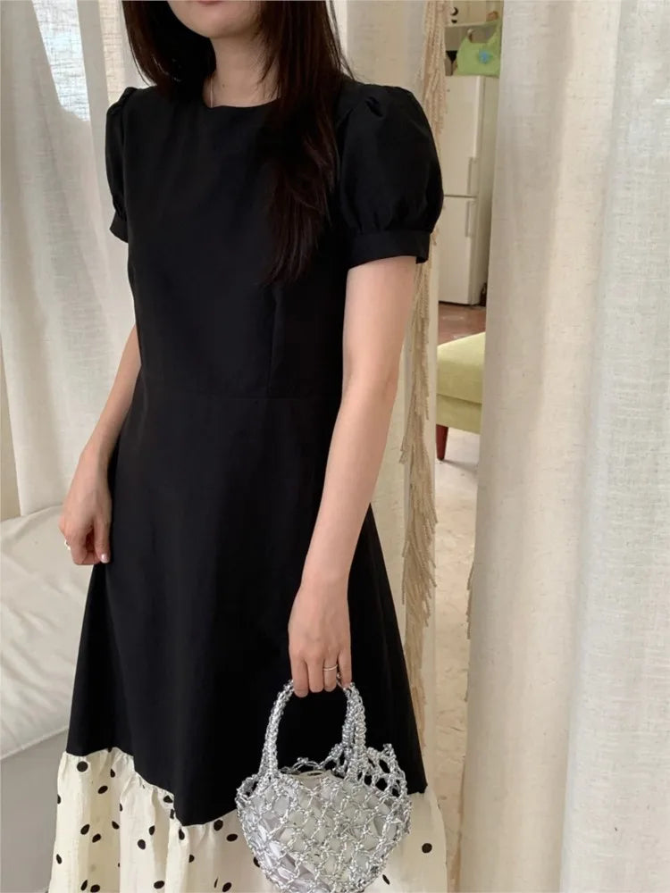 French Black Midi Dresses for Puff Sleeve A-line Patchwork Dot Korean One Piece Vestido Autumn New