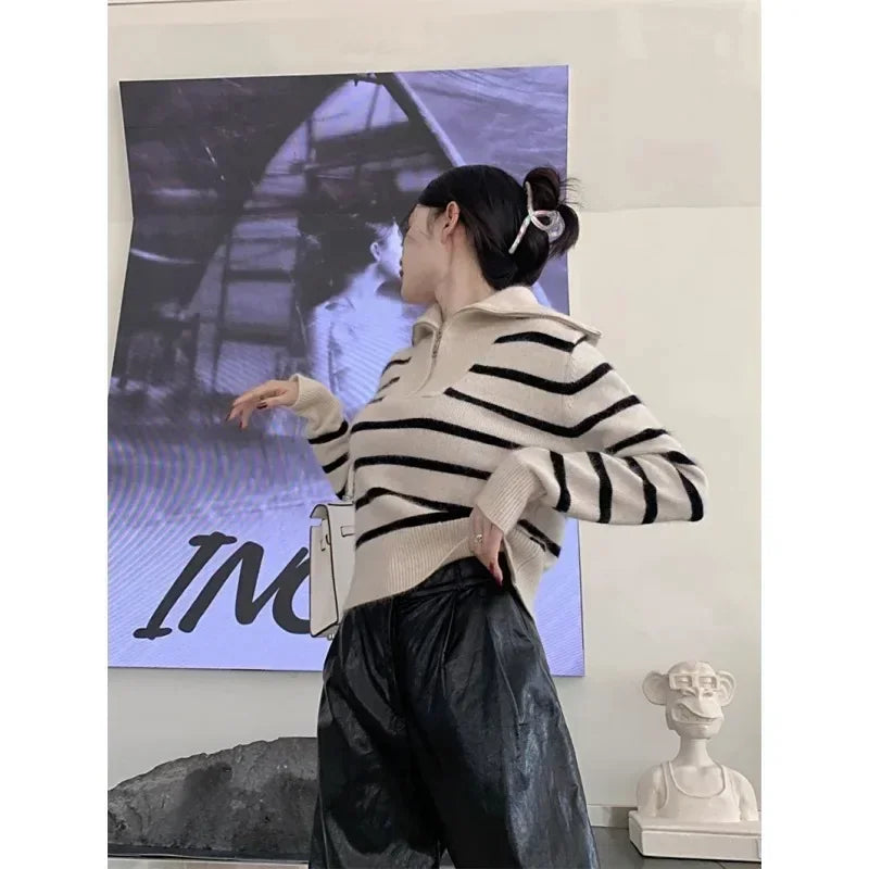 ’s Autumn Winter New Retro Lapel Half Zipper Contrasting Stripes Sweater Long Sleeved Loose Knitted Coat