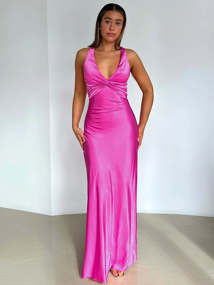 Satin Bow Backless Maxi Dress for Gown V Neck Sleeveless Club Party Evening Dress