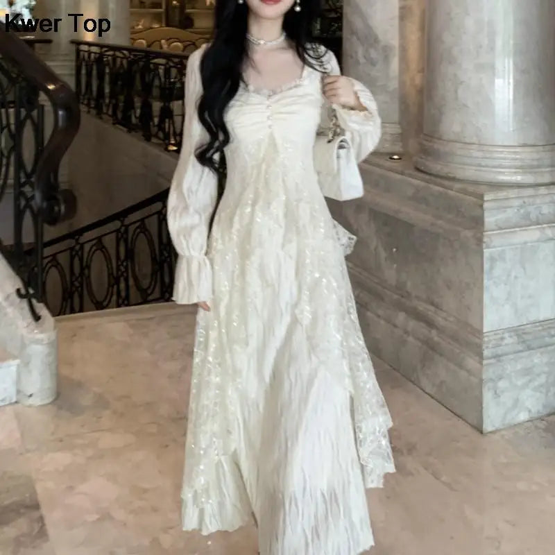 Autumn Winter New Midi Dresses for Lace Ruffles Flare Sleeve Aline Birthday Party Dress Korean Vestidos Mujer