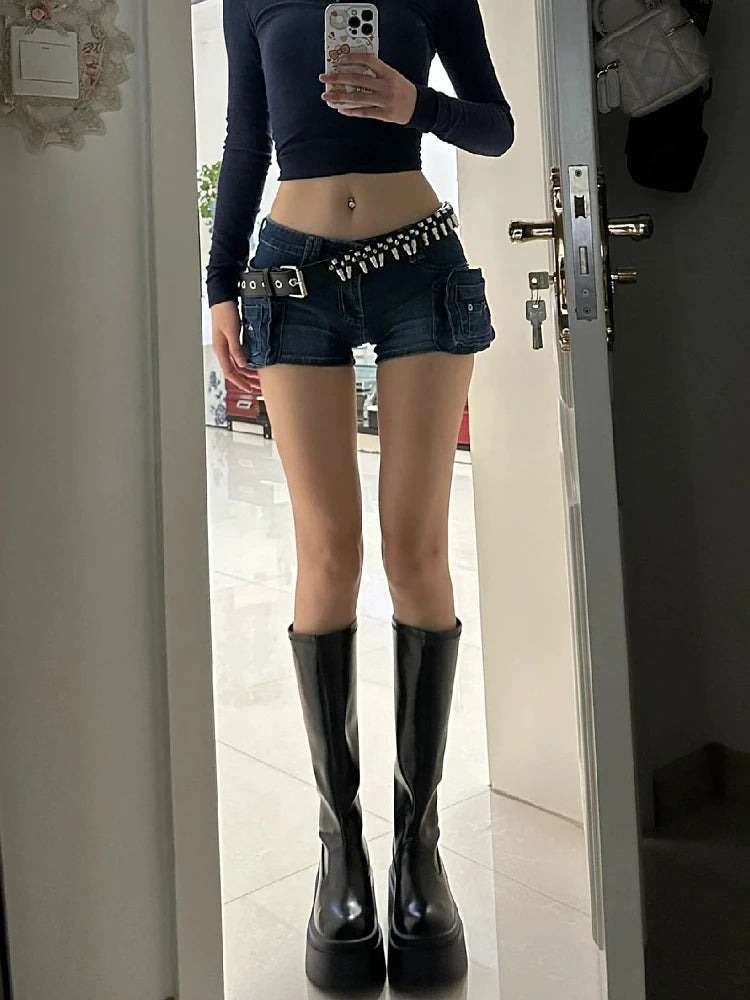 Woman Hot Slim Pants Low Waist Jean Color Wash Shorts Denim Shorts With Belt Classical Gyaru Dark Academia