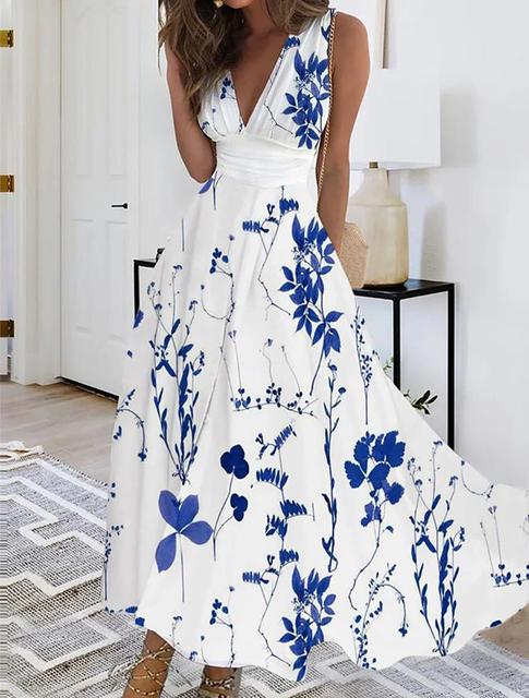 Summer Flower Printed Sleeveless Long Dresses V-neck Lady Party A-line Dress Maxi Evening Vestidos New