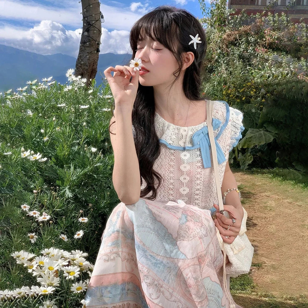 Sweet Oil Painting Style Dress for Summer New Atmosphere Bow Lace Round Neck Aline Party Long Dresses