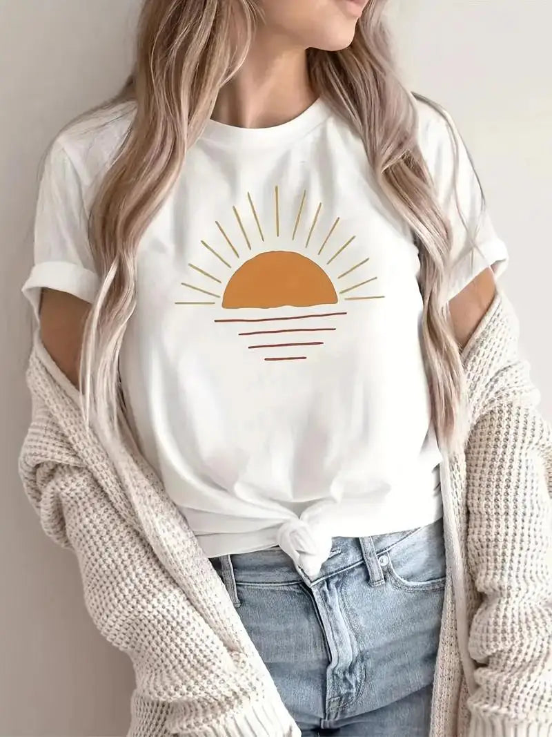 Creative Sun Printing T-shirt Hip Hop Summer Tops Crewneck All-match Short Sleeve Cotton Comfortable Female Clothing