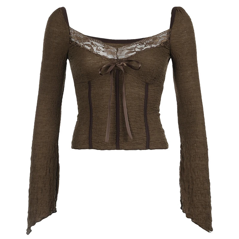 Hotsweet Lace Trim V-neck Brown Long Sleeve Blouses Bow Lace Up Flared Sleeve Slim Y2k Autumn New T-shirt