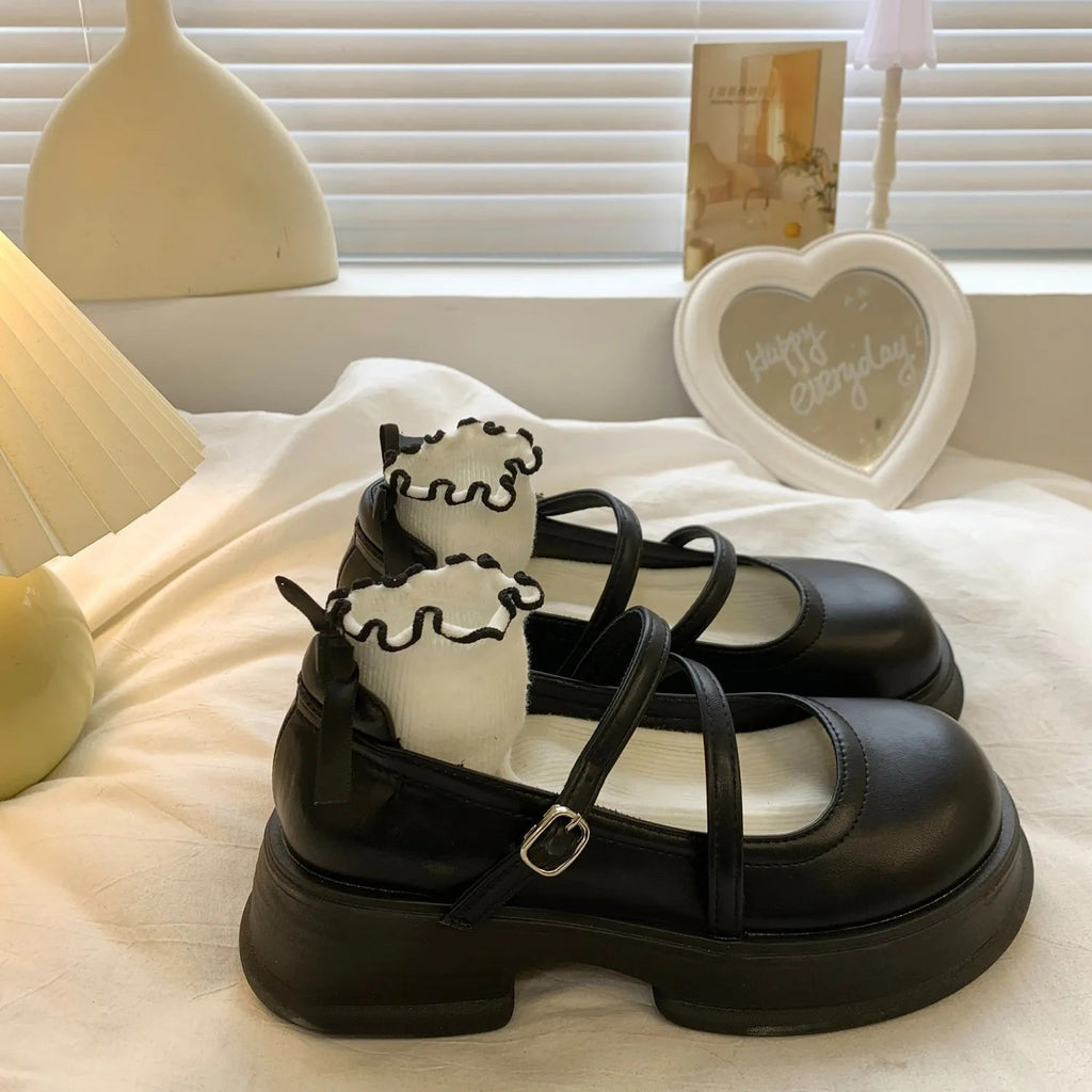 Leather Mary Jane Shoes Japanese Style Lolita Round Toe High on Platform Female Footwear Black Gothic Vulcanized for a H