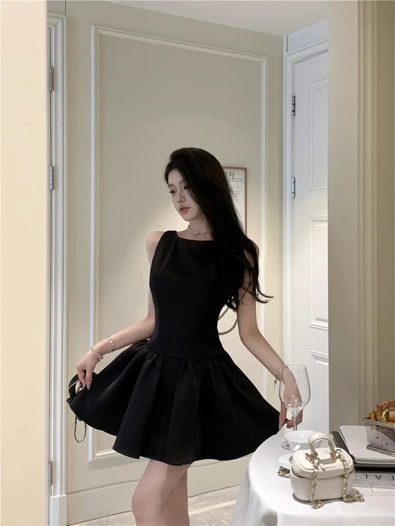 Korean Romantic Pearl Chain Backless Lace Up Princess Mini Dresses Sweet a Line Dress Birthday Evening Party Clothes