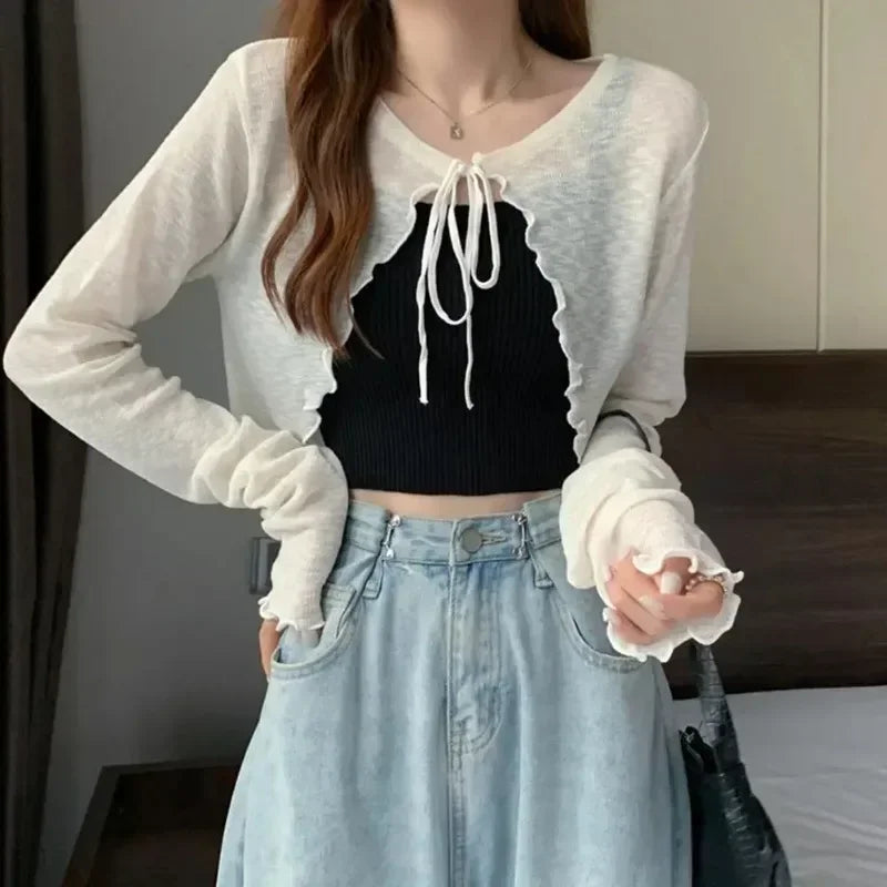 Female Summer Thin Sweater Shirts Lady Full Sleeve Laced Knitted Cardigan Outwear for Woman