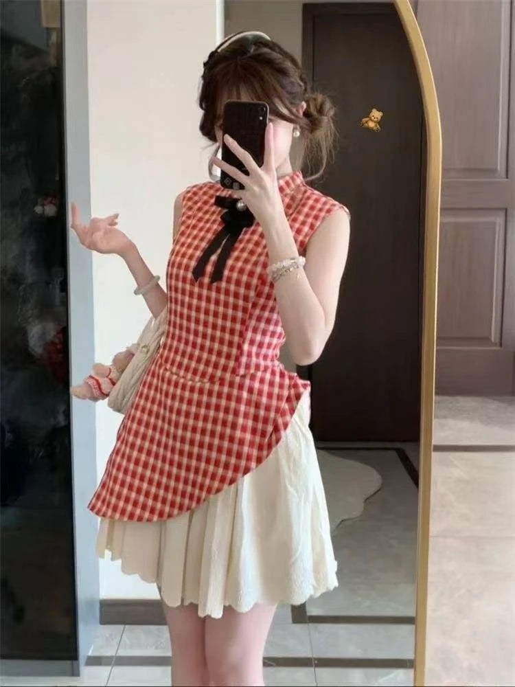 Woman Sweet Sleeveless Y2k Mini Dress Patchwork Japanese Style Red Plaid Dress Party Korean Slim Dress Summer