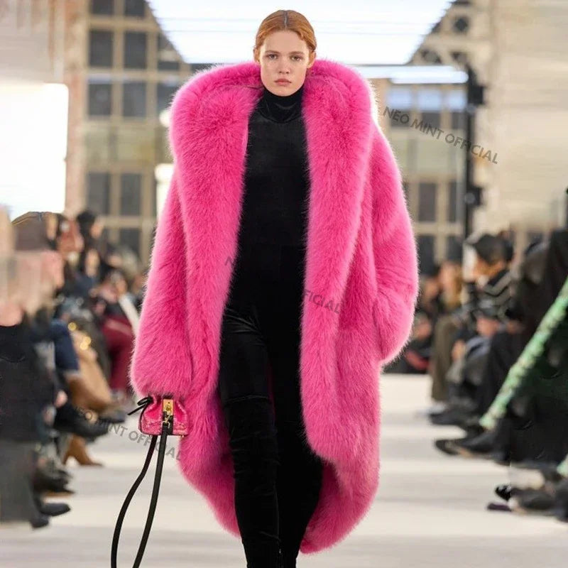 Brand Runway Long Hooded Faux Fur Coat Jacket Ins Nicki Minaj Neon Green Chunky Overcoat Outerwear
