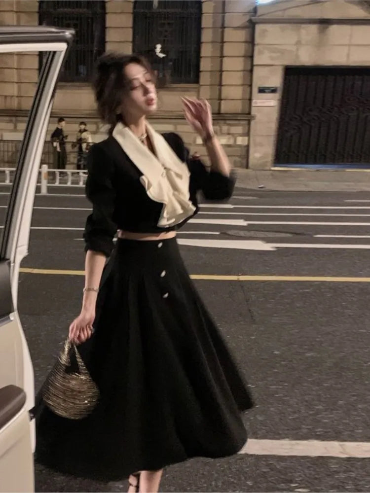 2 Piece Dress Set Black Midi Dress Korean Clothes Y2k Crop Top Short Coats + Skirt Spring