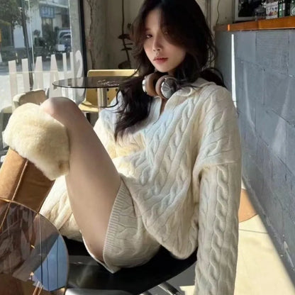 Korean Two-piece Set V-neck Loose Pullover Sweater Top Shorts Outfits Autumn New Suit Female Clothing