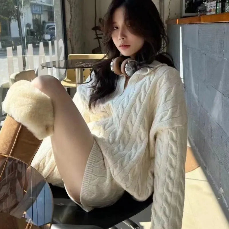 Korean Two-piece Set V-neck Loose Pullover Sweater Top Shorts Outfits Autumn New Suit Female Clothing