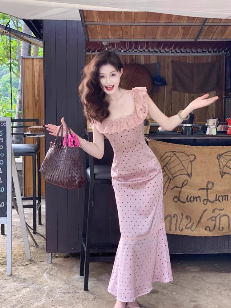 French Satin Midi Dress Female Lace Sleeveless Ruffles Dress One Piece Dress Korean Evening Party