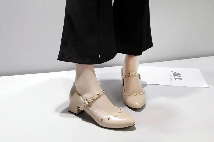 Big Size Shoes Woman Female Footwear Rivets Studs Large Size Summer Dress Pu Tpr Med Rome Hoof Heels Rivets Studs Big Size Shoes