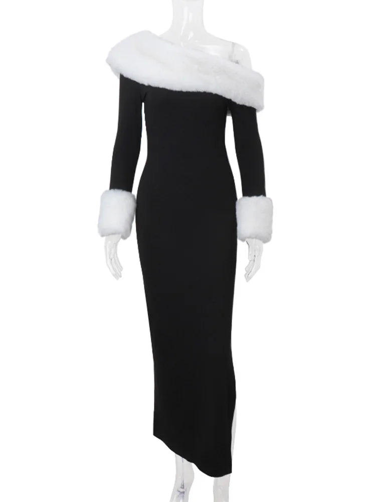 Plush Splice Slim Slit Long Sleeve Dress for Hot Girl Skew Collar Maxi Dress Winter New Party Outfits