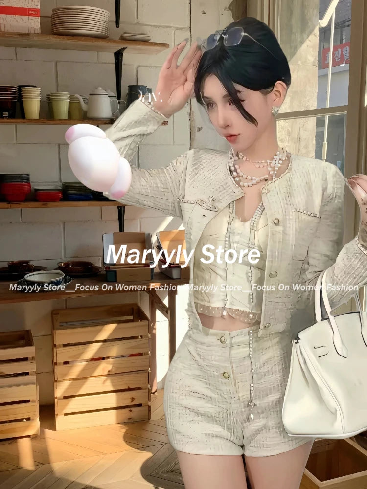 Autumn Korean Slim Outfits 2 Piece Set Y2k Office Lady Long Sleeve Short Coat + Bodycon Higt Waist Shorts New