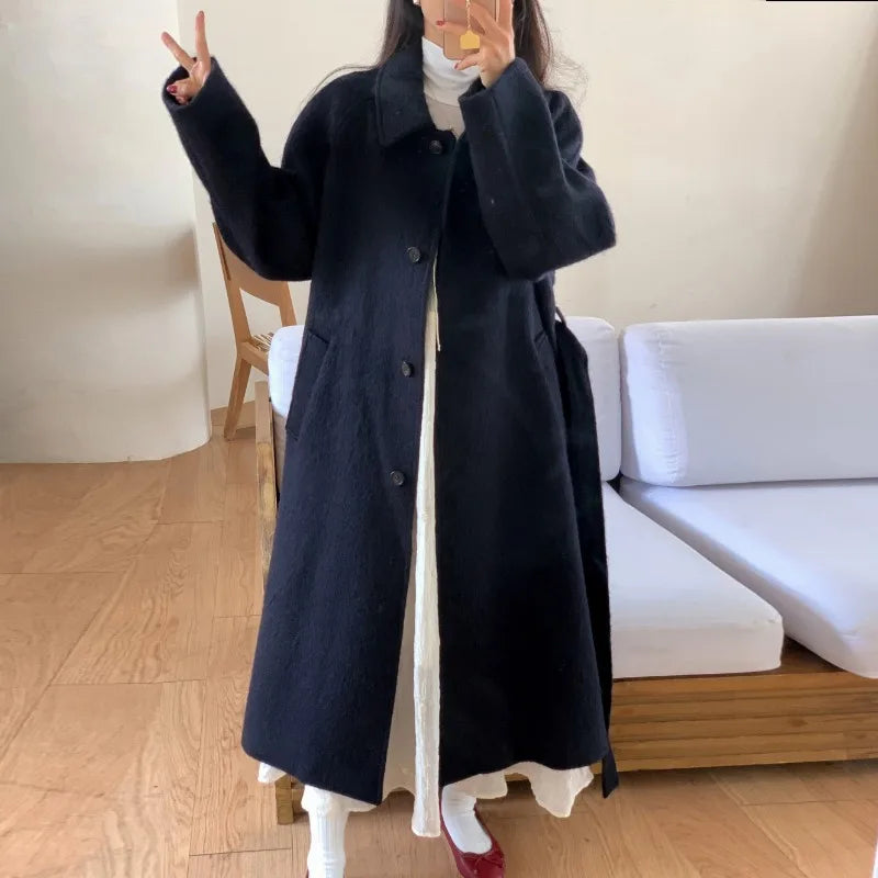 Sweet Hot Girl Retro Turndown Collar Woolen Coat Autumn/winter Longsleeved Loose Singlebreasted Coat Female Clothes