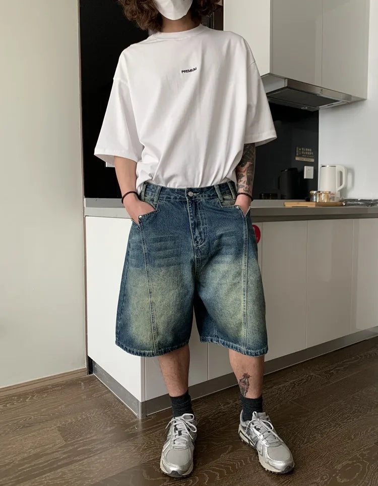 Washed Denim Shorts for Summer New Loose Wide Leg Jeans Y2k Egirl High Waist Straight Fivepoint Pants