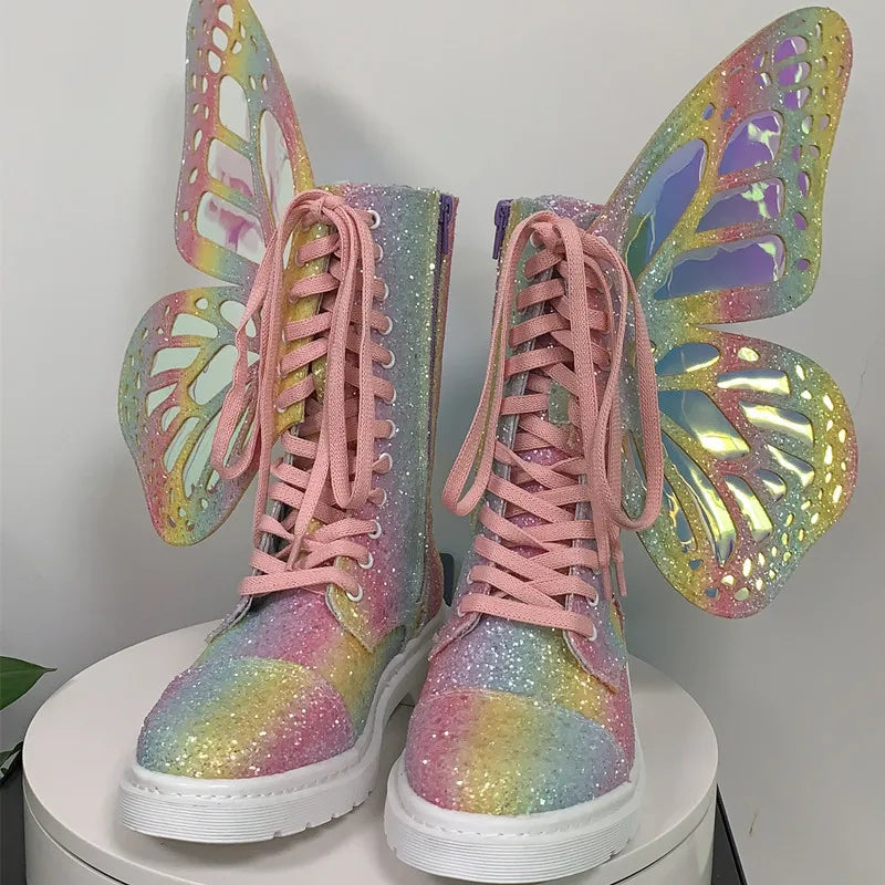 Shine Silver Real Leather Flat Sneakers Butterfly Wings Shoes Lace Up Ankle Boots Hightop Leisure Platform Shoes