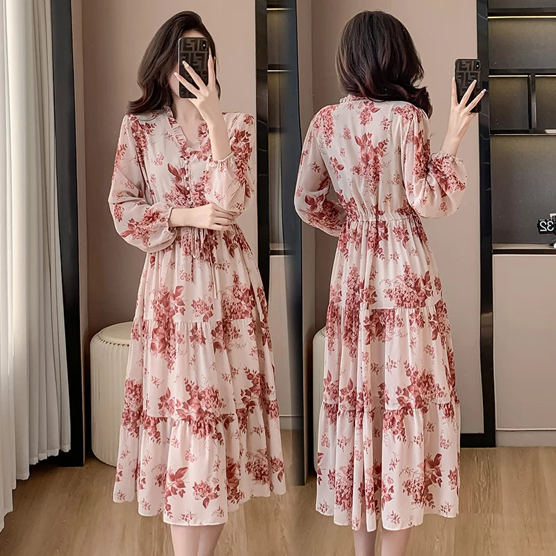 French V Neck Flower Print Chiffon Midi Dress New Spring Long Sleeve Drawstring Waist Holiday Sweet Dress