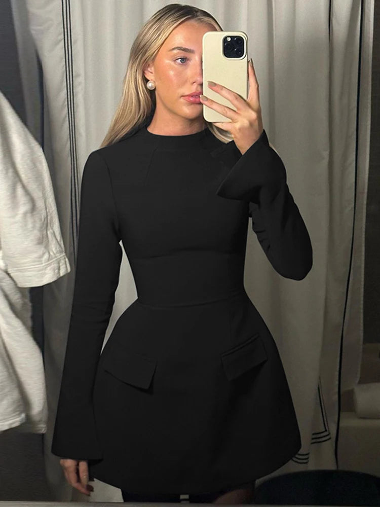 Long Sleeve Slim Mini Dress for A-line High Waist Two Pockets Autumn Winter New Party Dress Female
