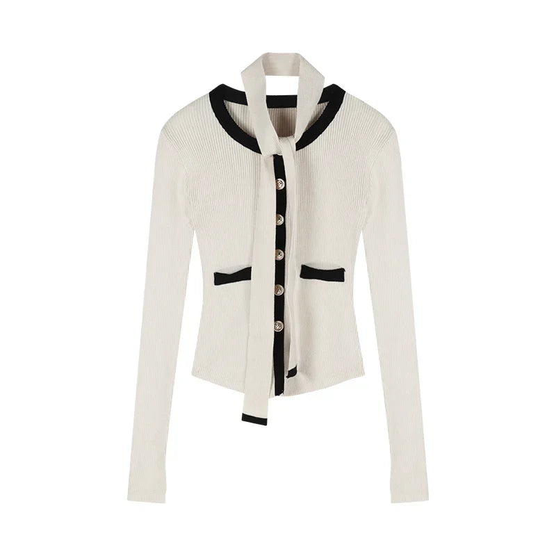 Korean Singlebreasted Tie Longsleeved Cardigan Spring New High Street Contrast Color Patchwork Knitted Tops
