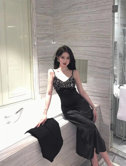 Brands Black Vneck Strap Dress New Summer Style Slim Fit Slim Long Dress Y2k