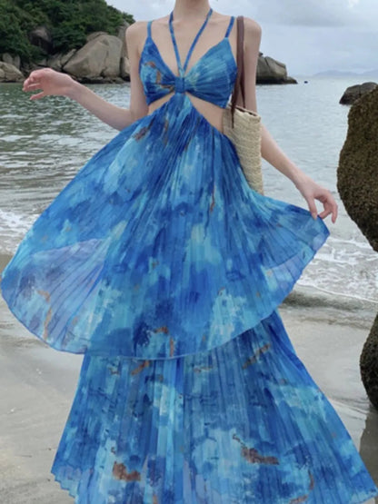 Halter Sleeveless Midi Dress Aline Beach Holiday Clothes Female Print Long Robe New Vestidos
