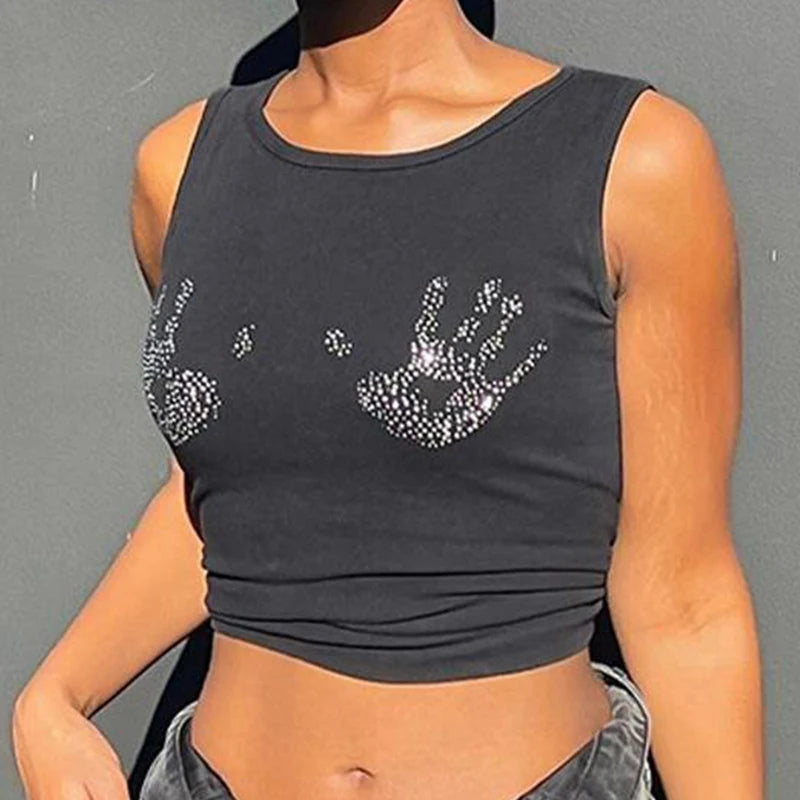 Y2k European and American ’s Summer New Round Neck Hot Diamond Sleeveless Open Navel Slim Fit Tank Top T-shirt Top