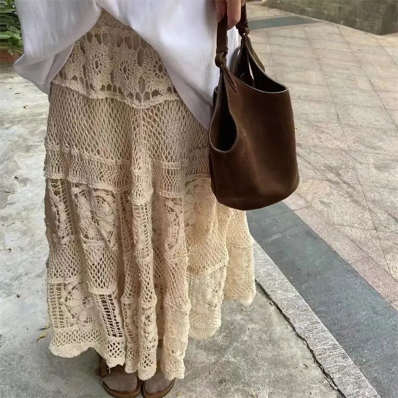 Korean Skirts Gentle Heavy Industry French Hollow Out Hook Flower Design Knit Skirt Aline Skirt